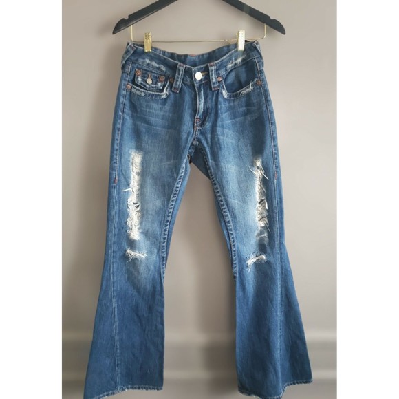 True Religion Jeans Women’s 27 Blue  Bell Bottom Distressed 100% Cotton - Picture 1 of 10